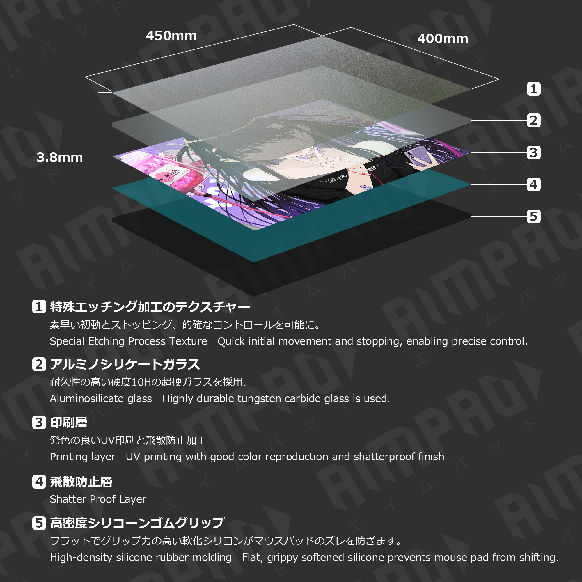 「Yumekawa」イラストレーターimi ゲーミングガラスマウスパッド AIMPAD-AP3 w450xh400x3.8mm